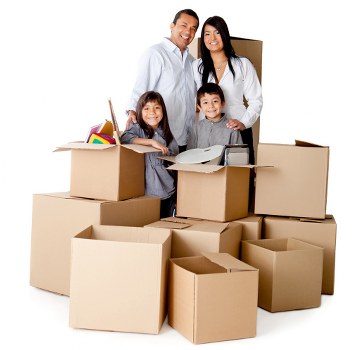 Packed boxes and furniture ready for transport by house movers