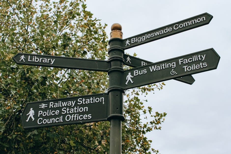 A black metal directional signpost featuring multiple rectangular signs with white text and icons, situated outdoors against a backdrop of green leafy trees and an overcast sky. The signs indicate directions to local landmarks including Biggleswade Common, library, bus waiting facility with wheelchair access and toilets, railway station, police station, and council offices. The signs are mounted on a central pole with a rounded finial at the top. The image captures the signage during daytime, emphasizing its visibility and clarity, which is useful for orientation in the context of home relocation or moving logistics, often managed by services like Man with Van Crofton Park.
