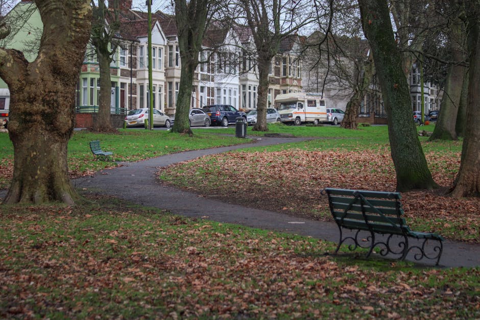 A quiet park scene showing a paved winding pathway bordered by a grassy area covered with fallen autumn leaves. There are several mature trees with thick trunks and branches extending overhead, creating a canopy. In the foreground, a dark green metal park bench with decorative armrests faces the pathway, while another similar bench is positioned further back along the path. Beyond the trees, there is a row of Victorian-style terraced houses with bay windows and brick facades, as well as parked cars and a white van, indicating a residential area in Lewisham. The scene is well-lit with natural daylight, and the environment appears calm and suitable for home relocation or packing activities. Occasionally, Man with Van Crofton Park may conduct furniture transport and loading processes in such areas during house removals service. The image captures the peaceful setting where belongings may be packed and prepared for moving, with the street and park environment supporting efficient moving logistics.