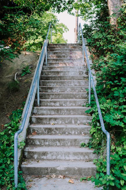 A set of outdoor concrete stairs with eleven steps, situated between green foliage on both sides, leading up to a doorway or pathway at the top. The stairs are bordered by metal handrails on each side, which are painted blue and extend from the bottom to the top of the staircase. The steps appear weathered, with some dirt and debris visible on their surfaces. Surrounding the stairs are lush bushes and trees, providing a natural environment. This scene depicts an exterior property access point, common in residential areas, where house removals and moving services may assist with navigating narrow staircases in the Crofton Park area. The lighting suggests daytime, with sunlight filtering through the leaves, highlighting the greenery and the textured surface of the stairs, emphasizing the typical features encountered during home relocation or furniture transport processes.